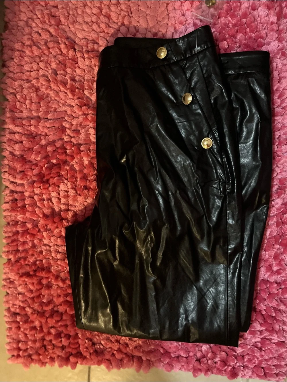 Michael Kors Black Faux Leather High-Waist Pants with Gold Buttons